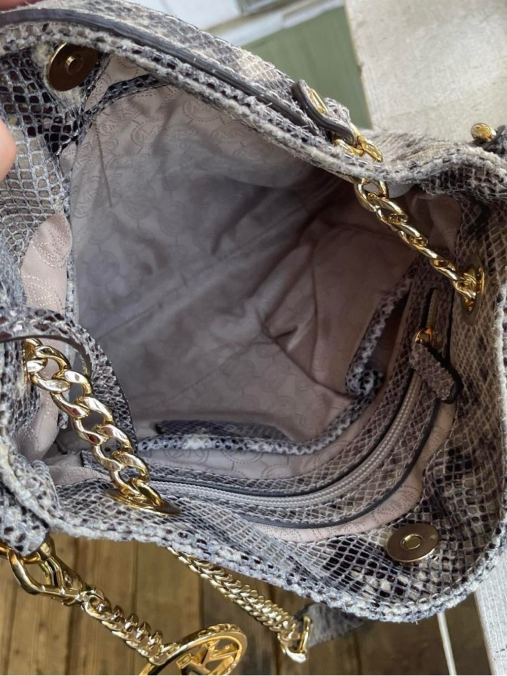 Michael Kors Snakeskin Print Shoulder Bag – Gold Chain Strap MK Charm Tote - Picture 5 of 8